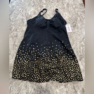 Swimsuits for all swim dress bathing suit 14 NWT Black with gold polka dots